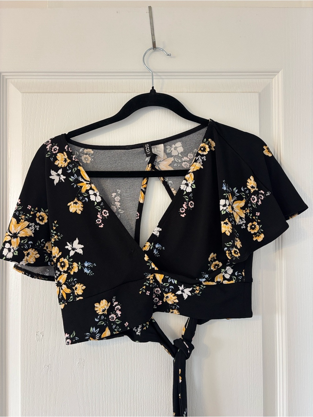 H&M Black Floral Tie-Front Crop Top with Yellow Accents